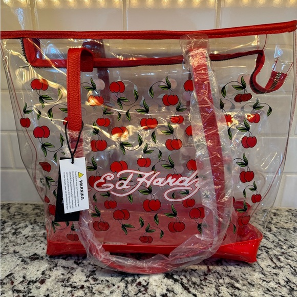 Ed Hardy Clear Tote with Cherry Design and Red Accents - Picture 2 of 3